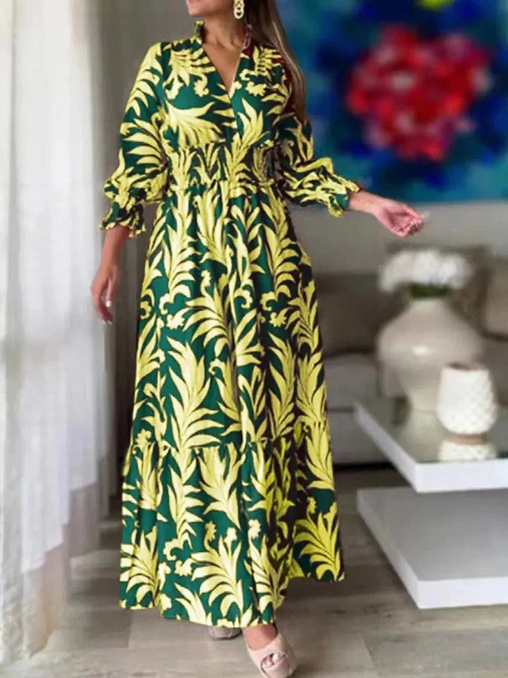 Printed Flounce Sleeve Maxi Dress - VILLA FASHION